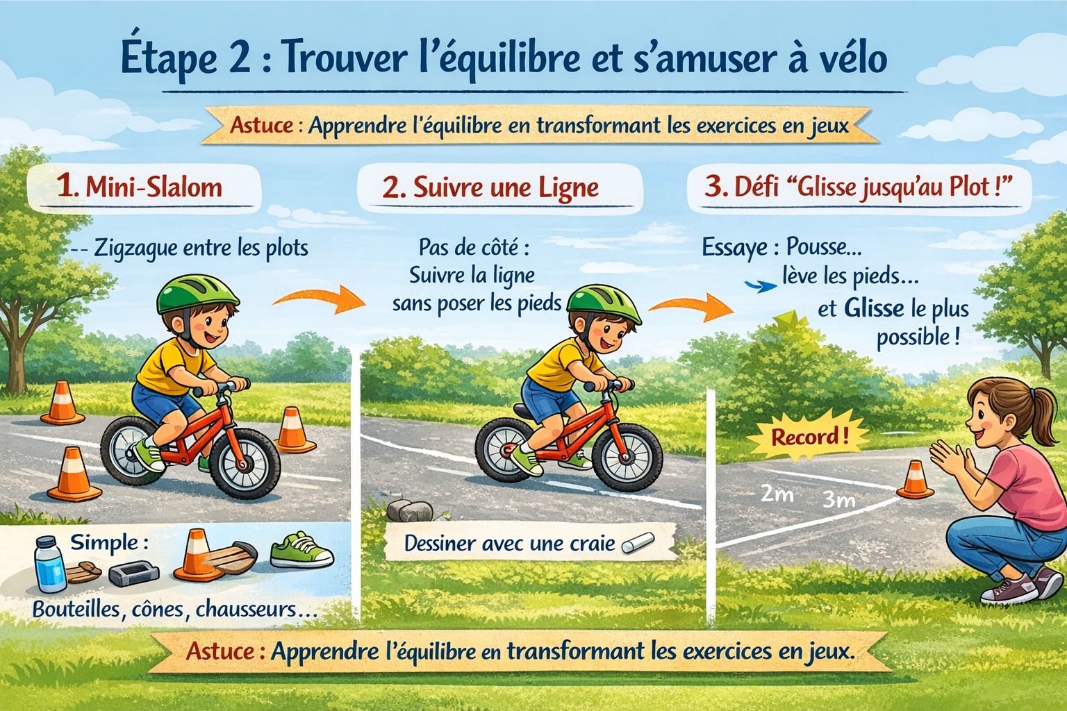 Étape 2 : l'enfant pousse puis lève les pieds pour glisser en regardant loin
