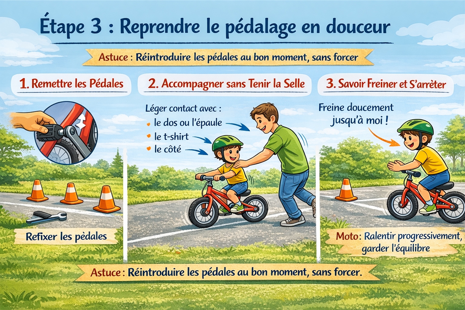 Étape 3 : l'enfant s'arrête en freinant, pieds prêts à toucher le sol