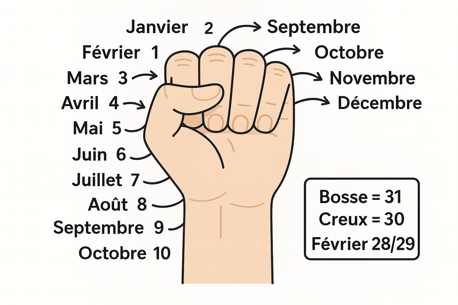 Infographie : méthode des phalanges pour retenir 31 ou 30 jours