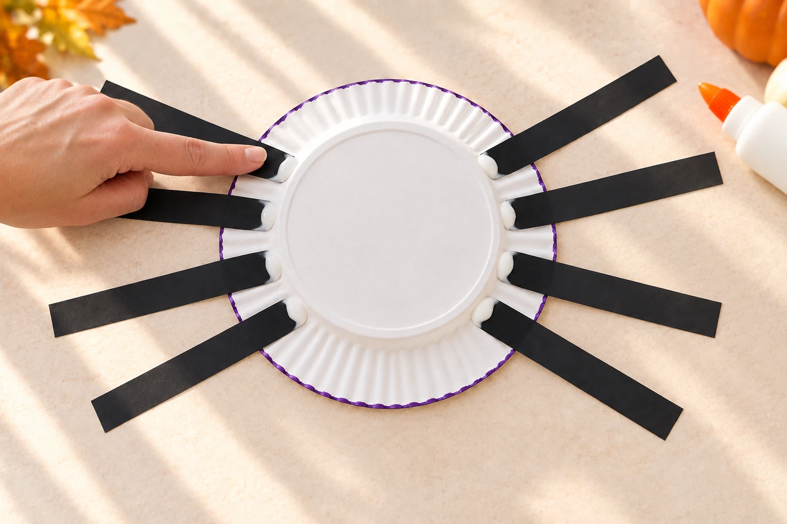 Huit pattes noires fixées derrière une assiette, quatre de chaque côté