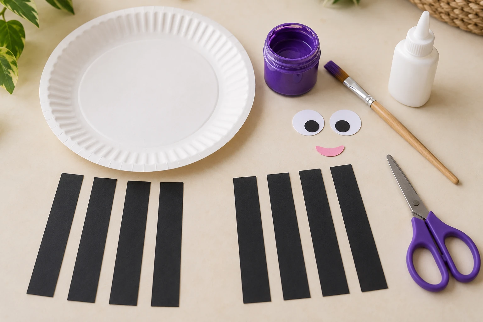 Assiette en carton, huit bandes noires, colle, ciseaux et yeux en papier pour fabriquer une araignée