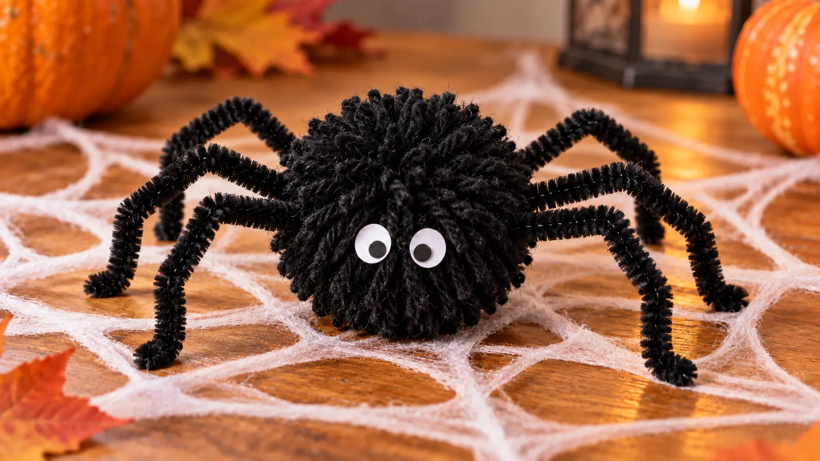 Résultat final : Araignée Halloween en pompon de laine : tutoriel avec huit pattes