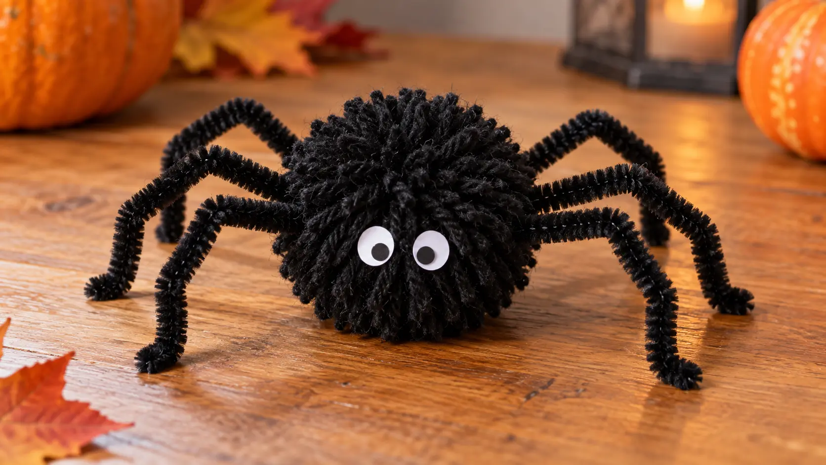 Araignée Halloween en pompon de laine : tutoriel avec huit pattes