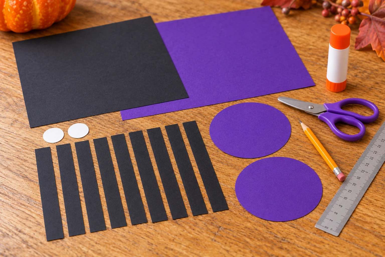 Huit bandes de papier violet et deux disques cartonnés pour araignée accordéon