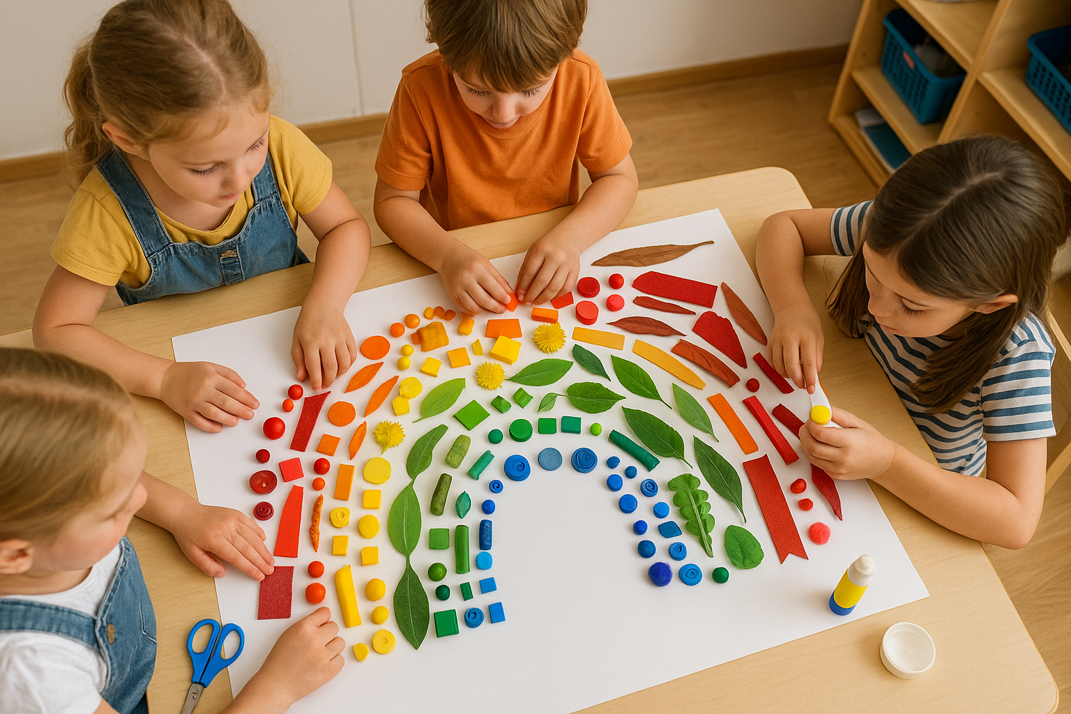 Atelier couleurs et classification Mains d'enfants triant des objets colorés en arc-en-ciel sur fond blanc