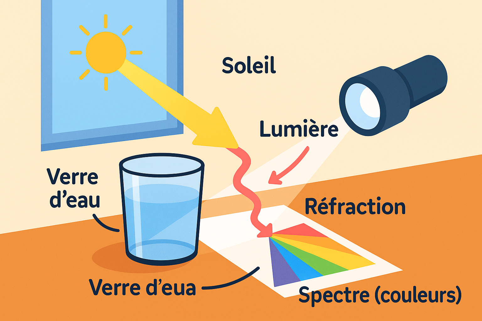 Schéma : verre d'eau près d'une fenêtre projetant un spectre sur une feuille