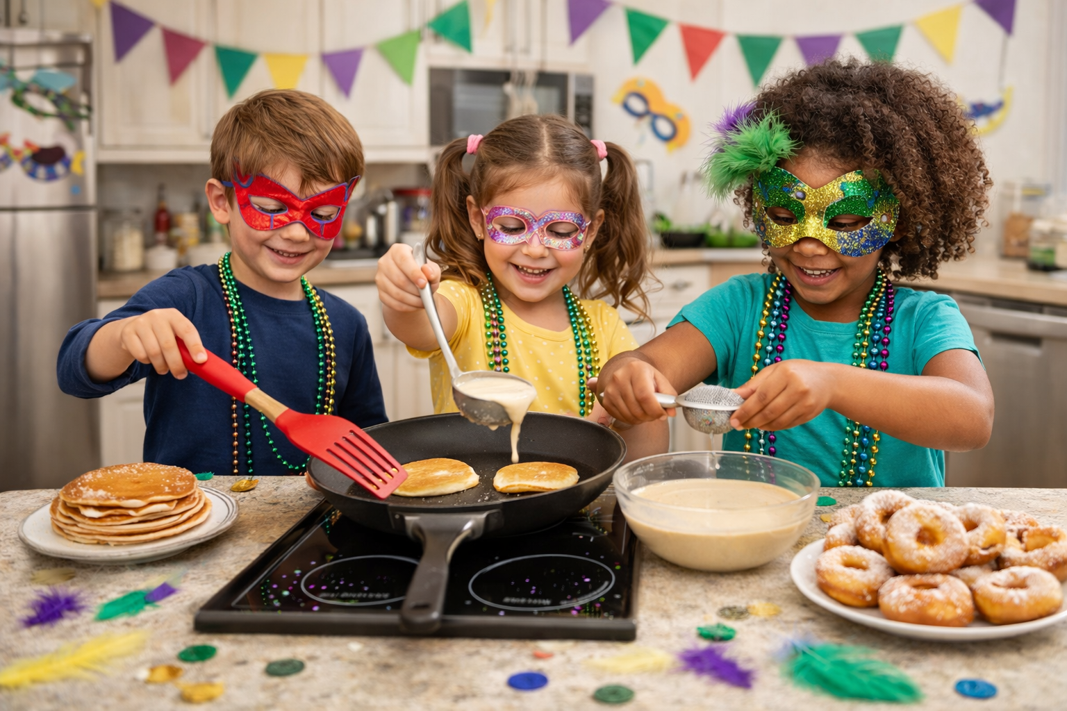 Atelier cuisine Mardi Gras avec enfants préparant crêpes et beignets