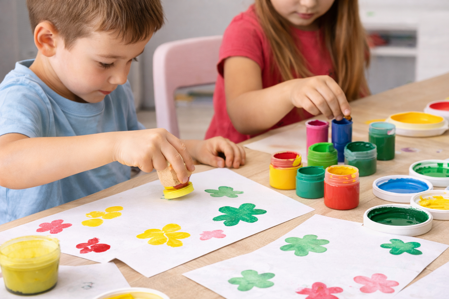 Enfants en atelier utilisant des tampons maison, format paysage