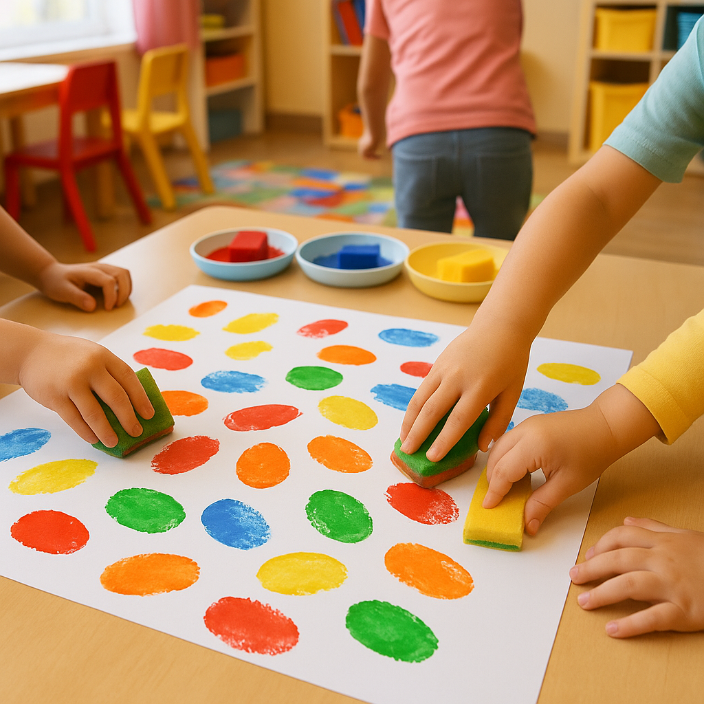 Mains d’enfants tamponnant des formes colorées à l’éponge sur une grande feuille A3.