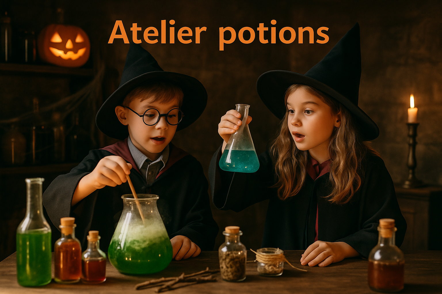 Atelier de potions d’Halloween pour enfants avec boissons colorées sans alcool