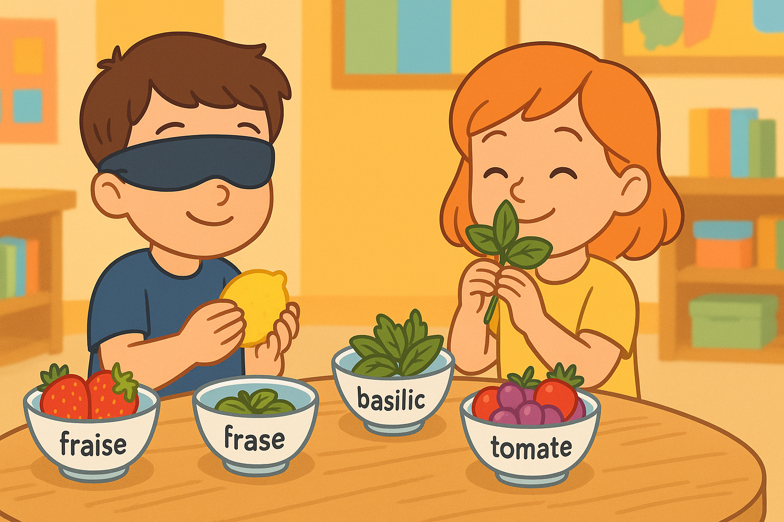 Atelier sensoriel : enfants qui touchent un citron et sentent du basilic