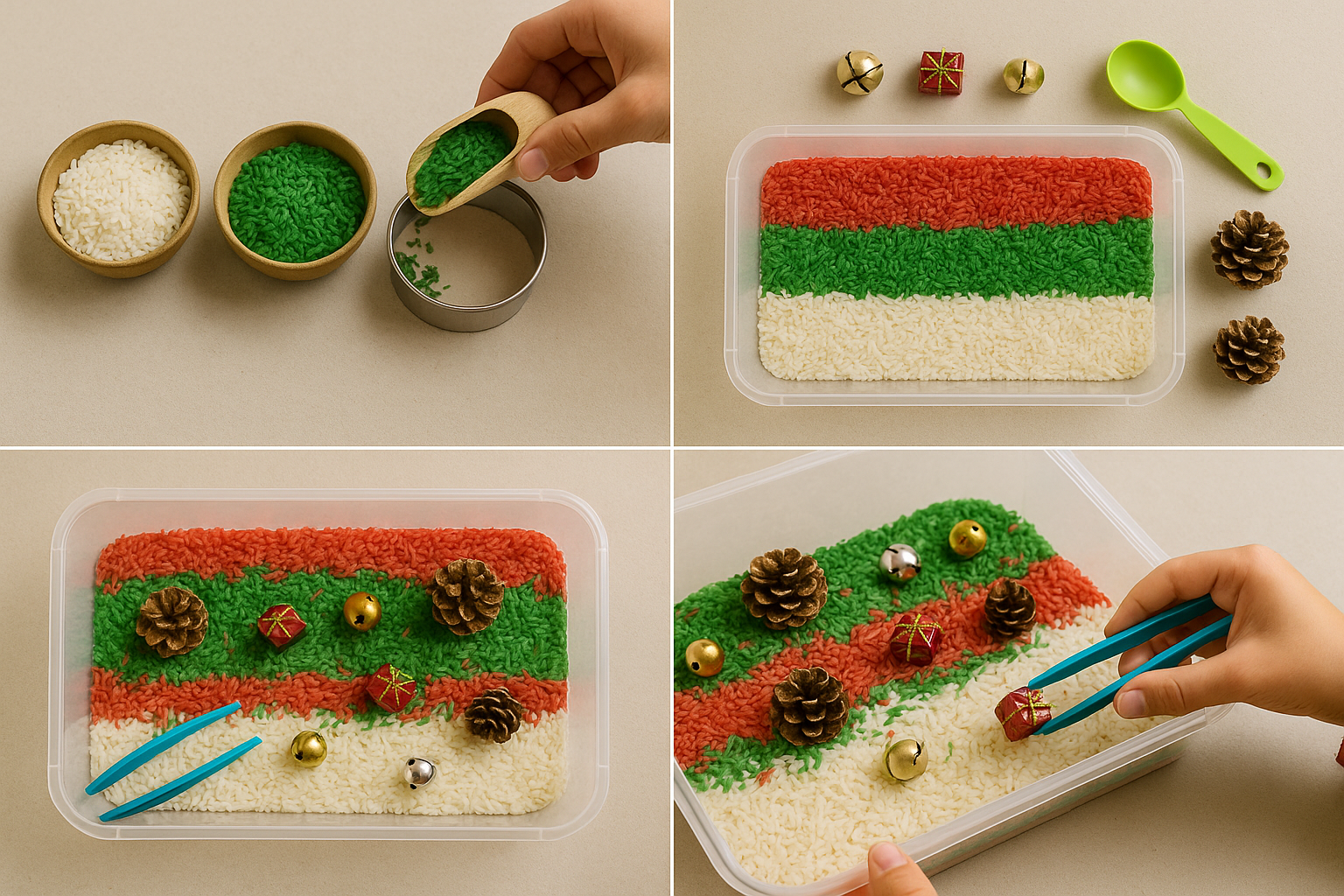 Bac sensoriel de Noël avec riz coloré, grelots et mini cadeaux – tutoriel 4 étapes