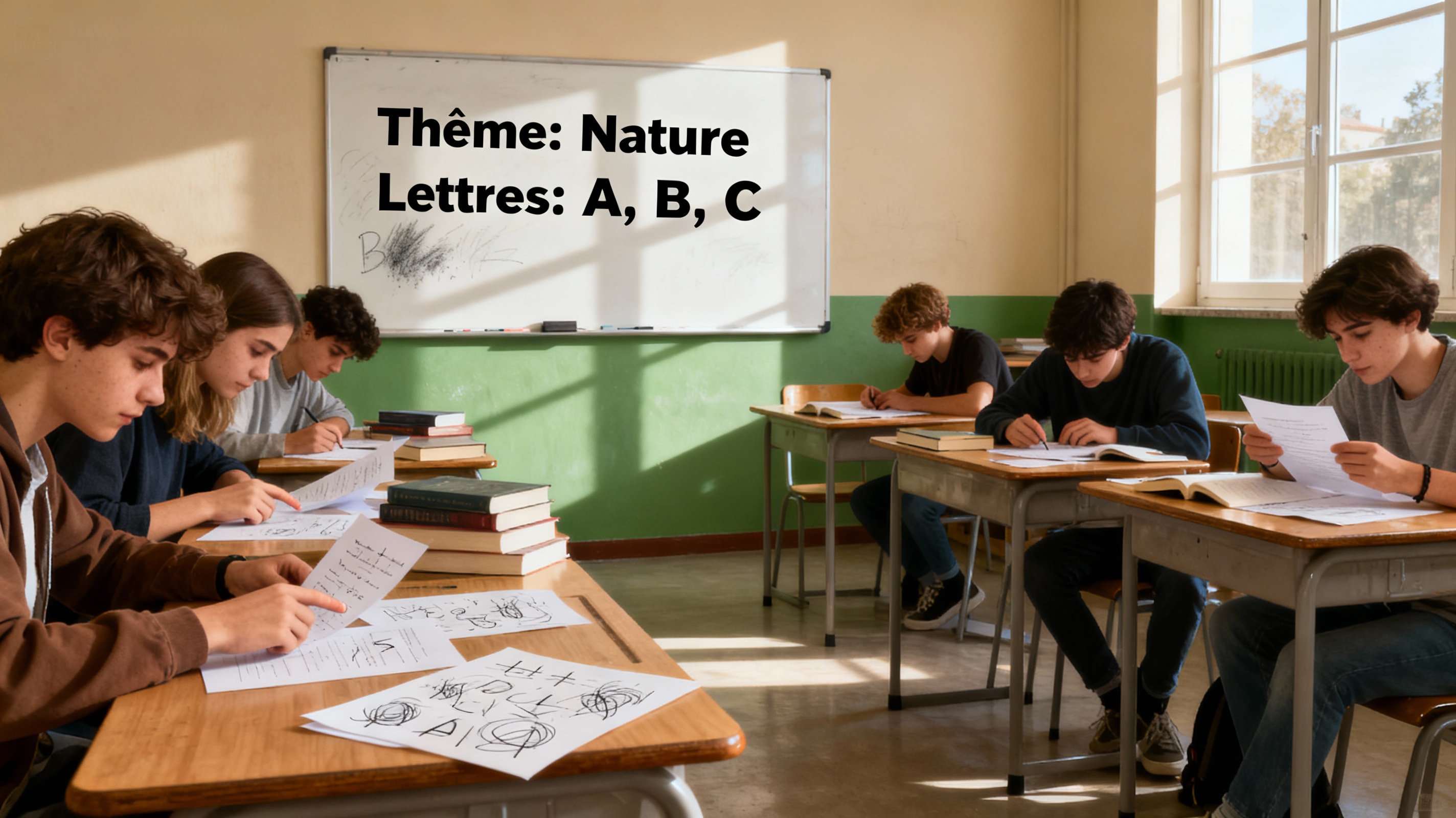 Classe travaillant sur un baccalauréat coopératif avec thèmes et lettres au tableau