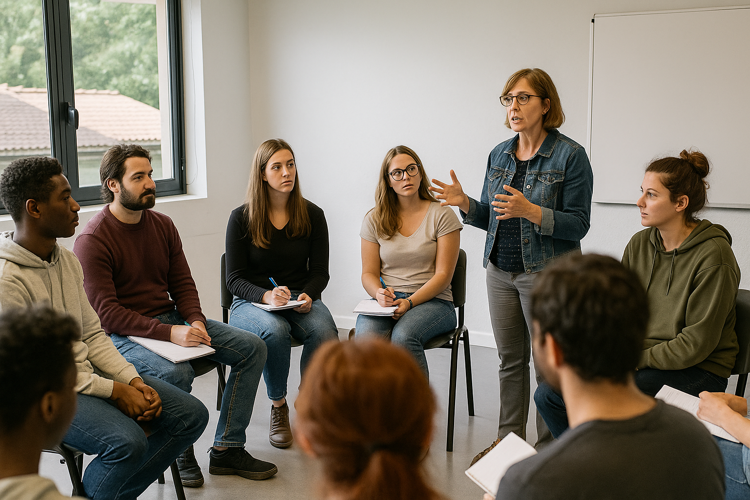 Jeunes en formation BAFA faisant un jeu de présentation en cercle dans une salle équipée.