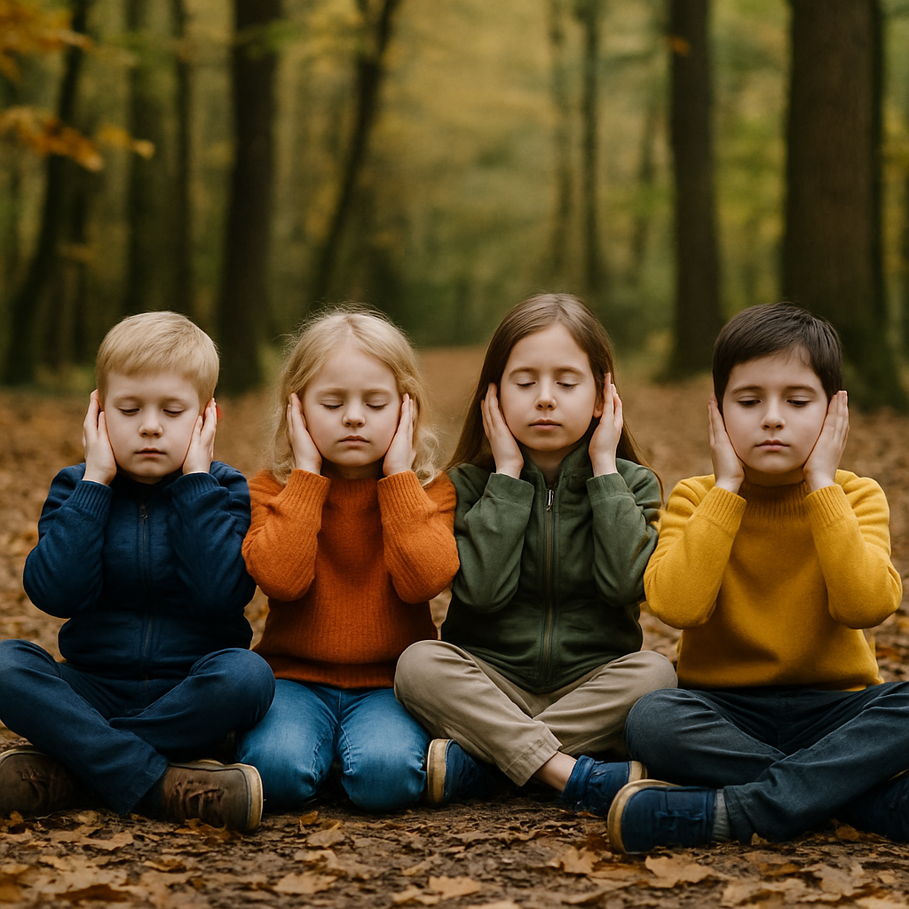 Groupe d’enfants assis, yeux fermés, écoutant les sons de la forêt.