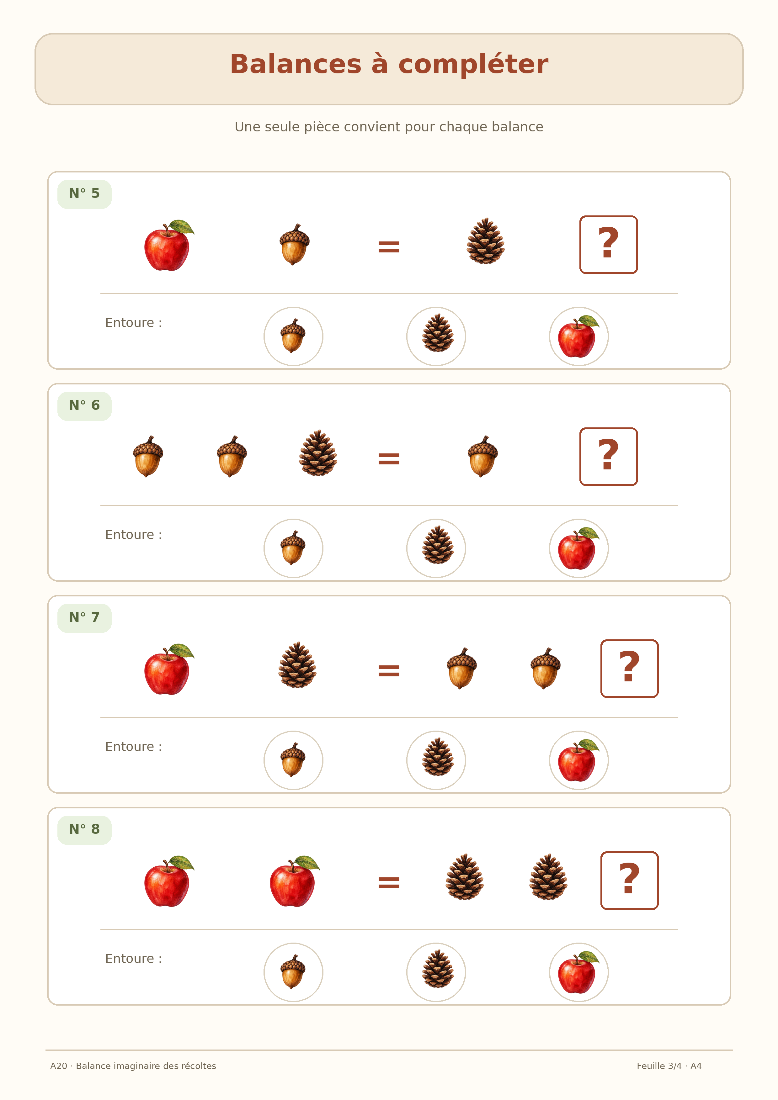 Quatre dernières balances de récoltes avec pomme, gland et pomme de pin