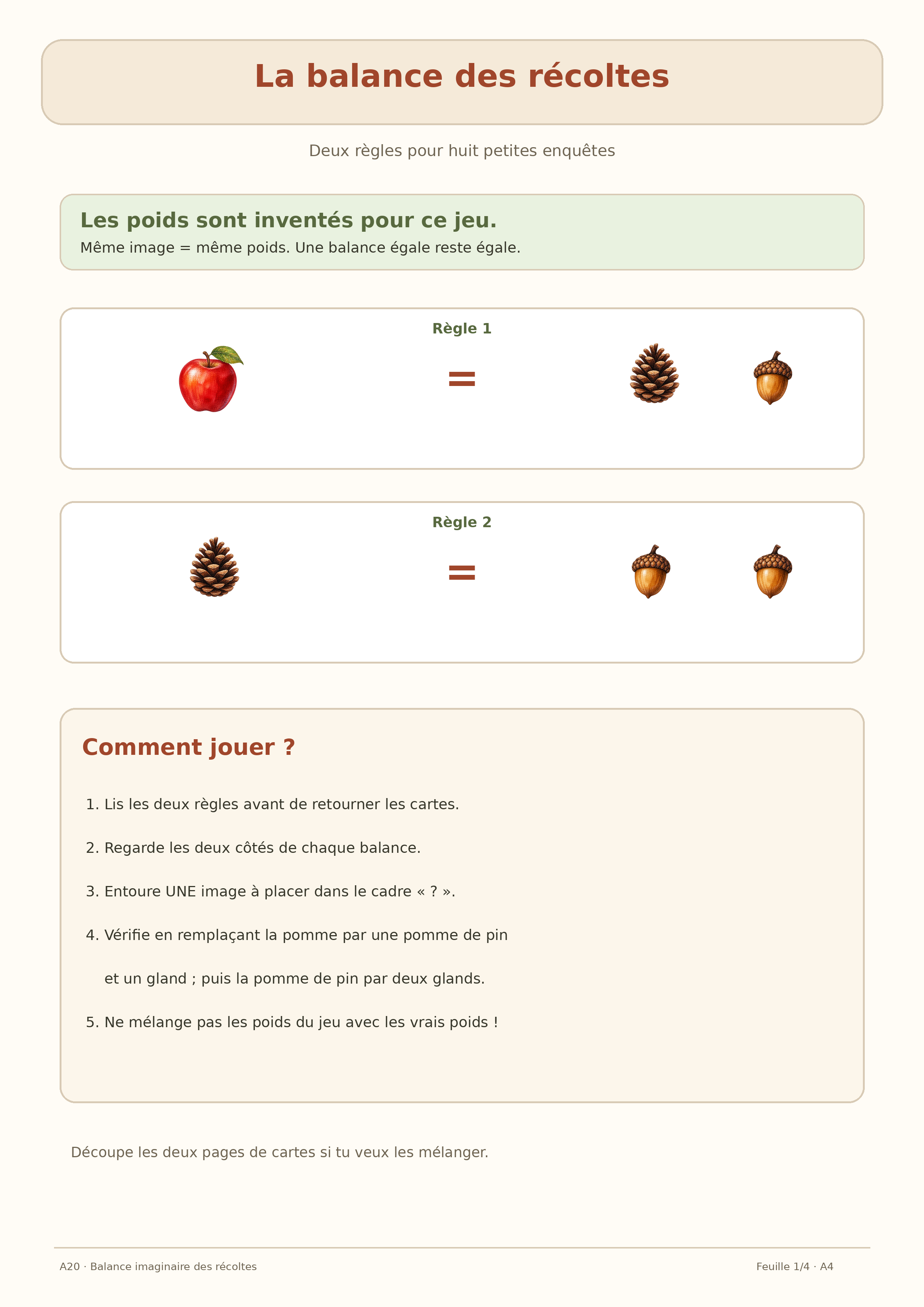 Feuille A4 des deux règles de la balance imaginaire des récoltes