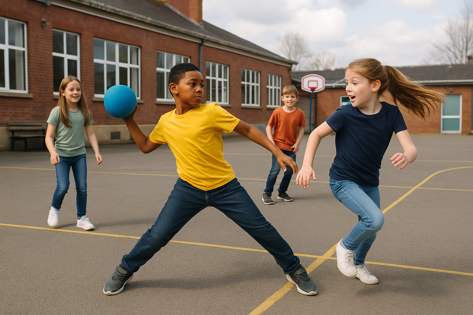 Balle américaine en cour d'école Enfants jouant à la balle américaine avec une balle en mousse