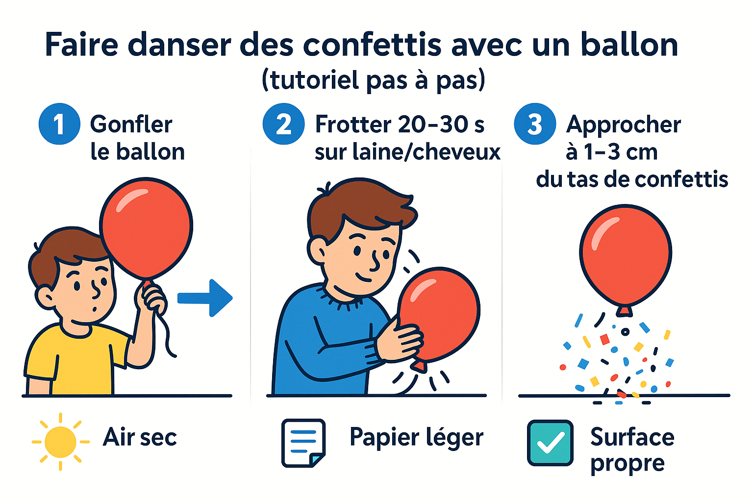 Infographie pas à pas : gonfler, frotter, approcher le ballon pour faire danser des confettis