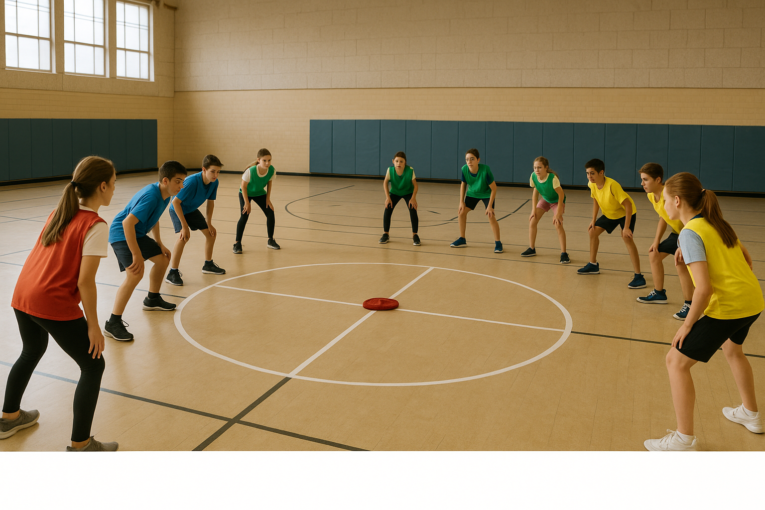 Quatre équipes face au centre avec un béret posé dans un carré tracé
