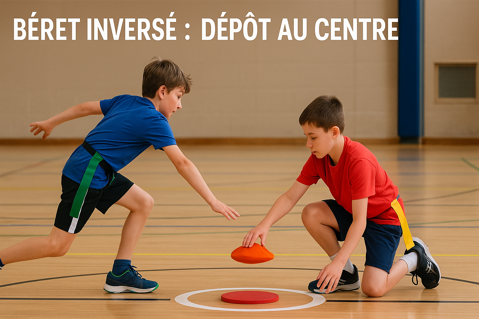 Deux enfants posent un béret dans un cercle central en gymnase