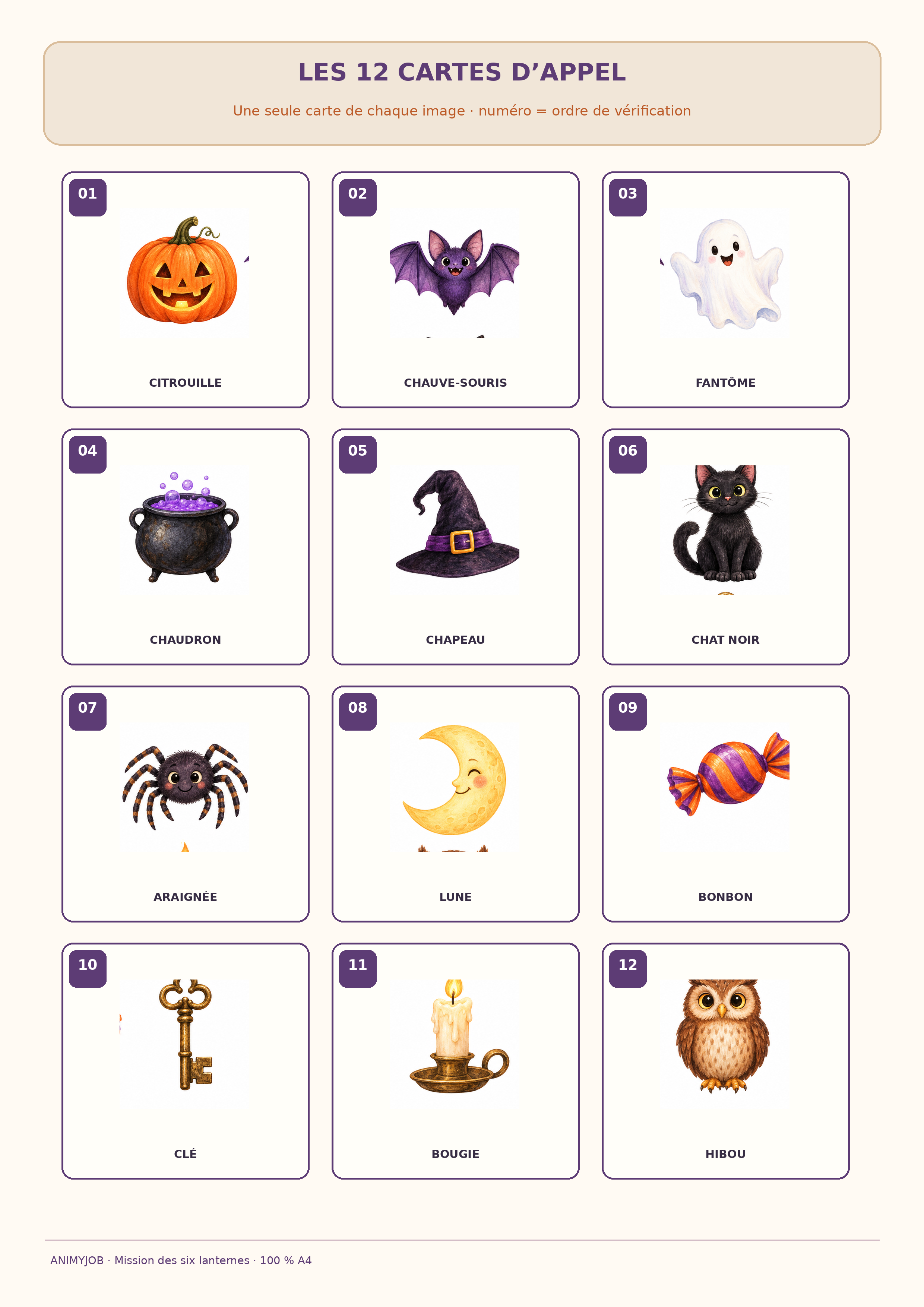 Douze cartes d’appel illustrées et numérotées pour le bingo Halloween