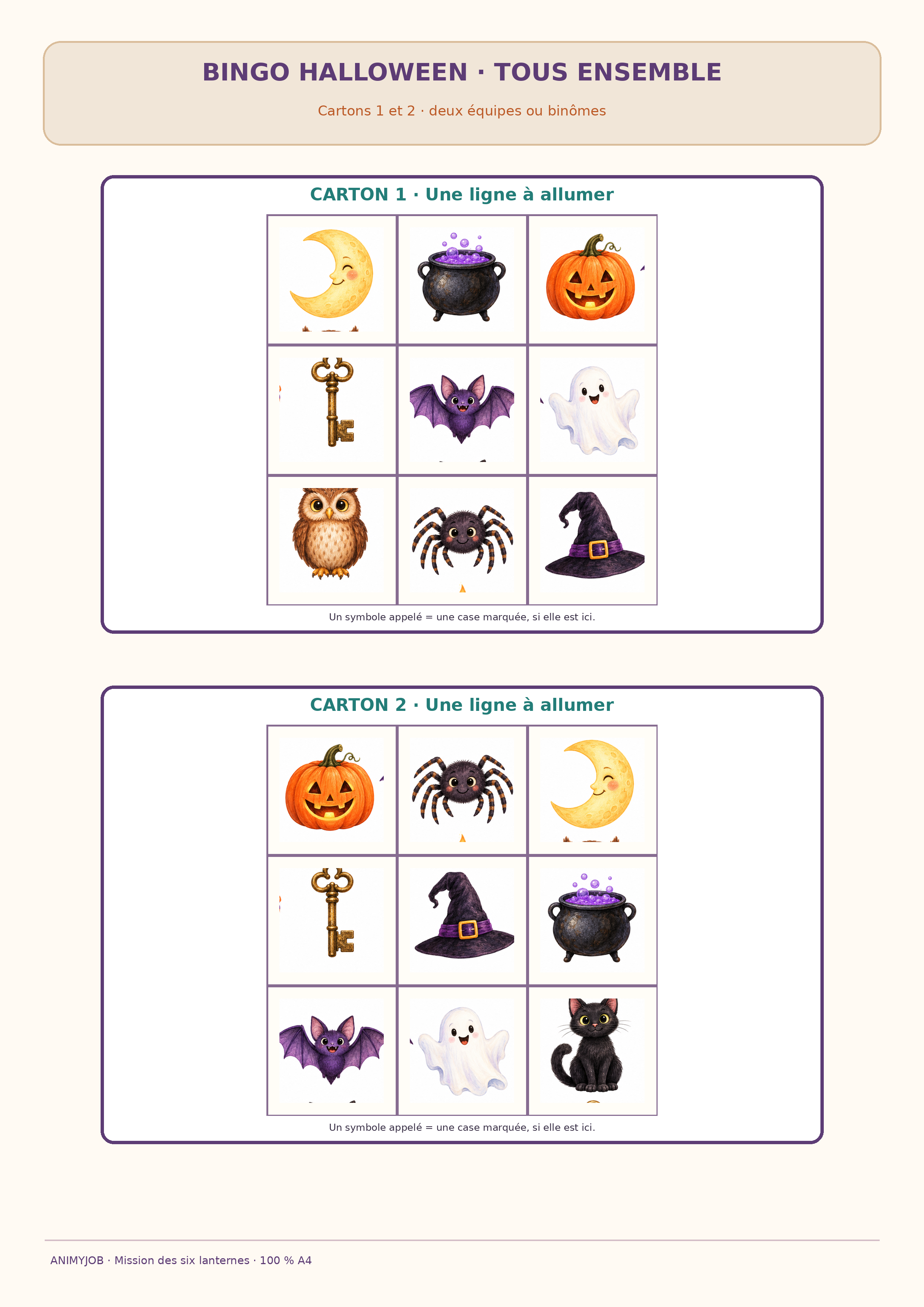 Deux cartons différents de bingo Halloween coopératif