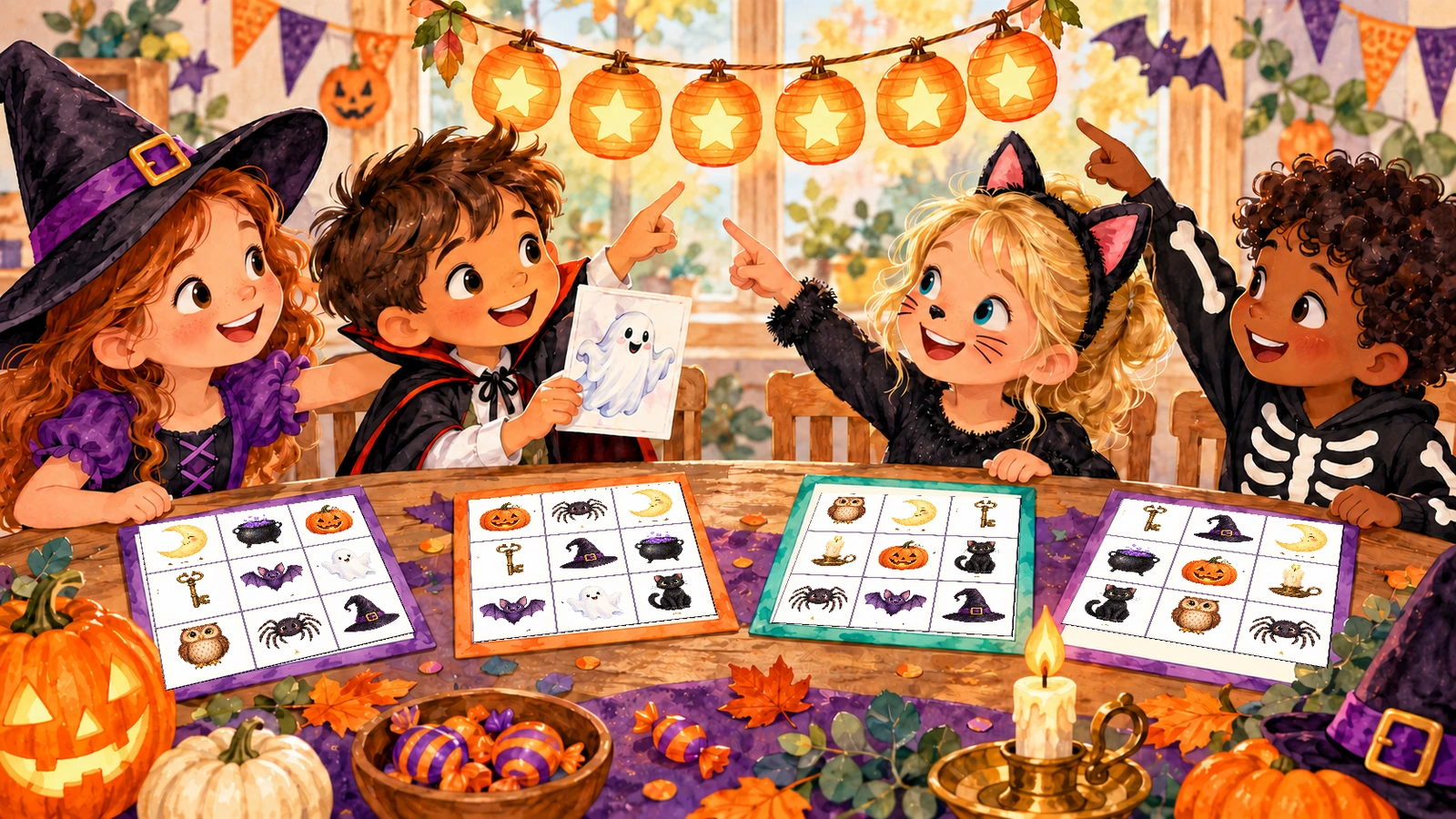 Bingo Halloween coopératif à imprimer : six lanternes à allumer