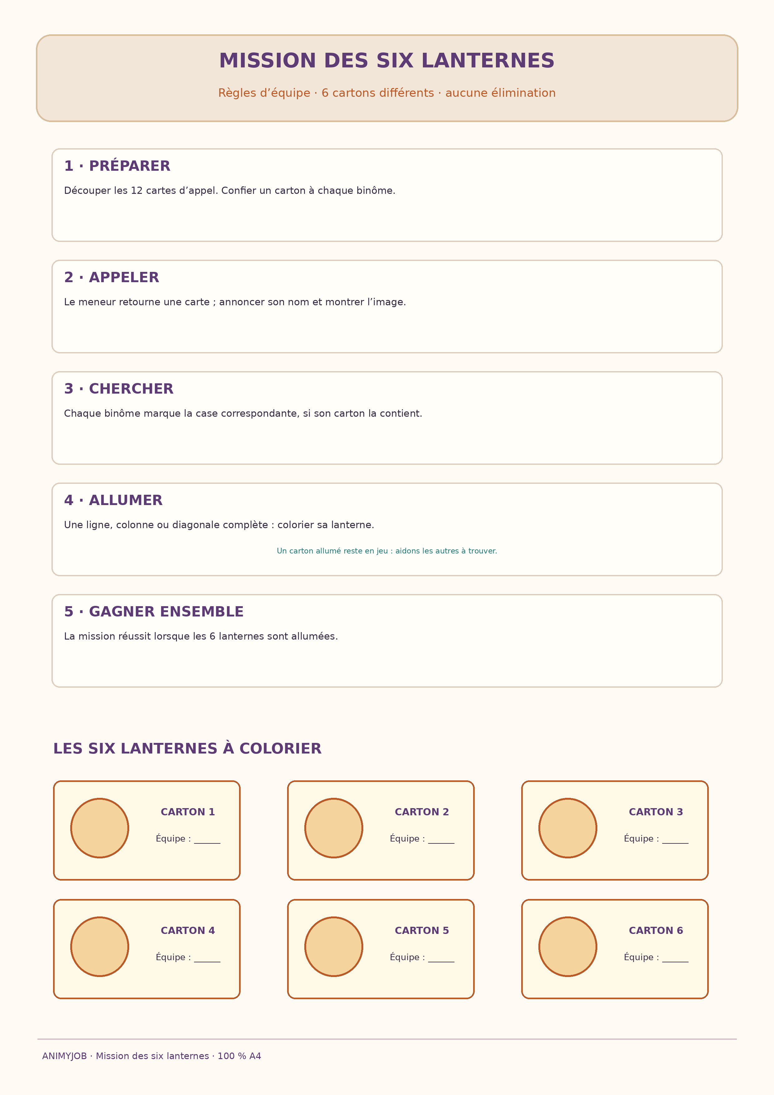Règles coopératives et six lanternes à colorier pour les six équipes