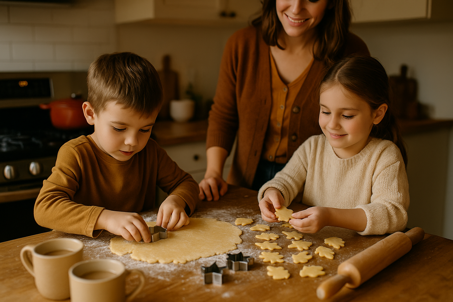 Deux enfants découpent des biscuits en forme de feuille pendant qu'un adulte supervise en cuisine