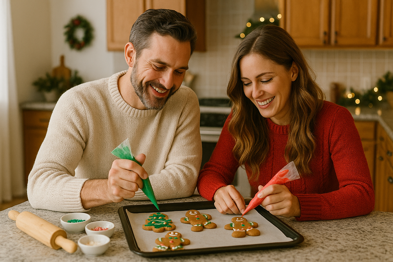 Décoration de biscuits de Noël sur une plaque avec poches à douille et vermicelles