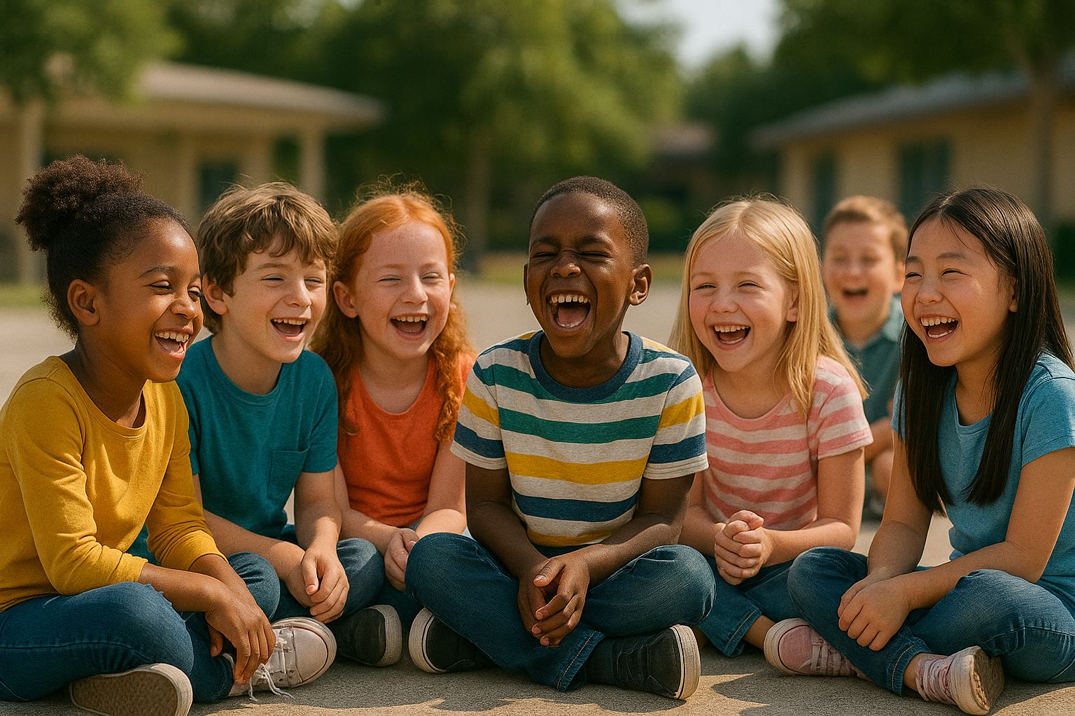 Enfants assis en cercle qui rient ensemble dans une cour ensoleillée.