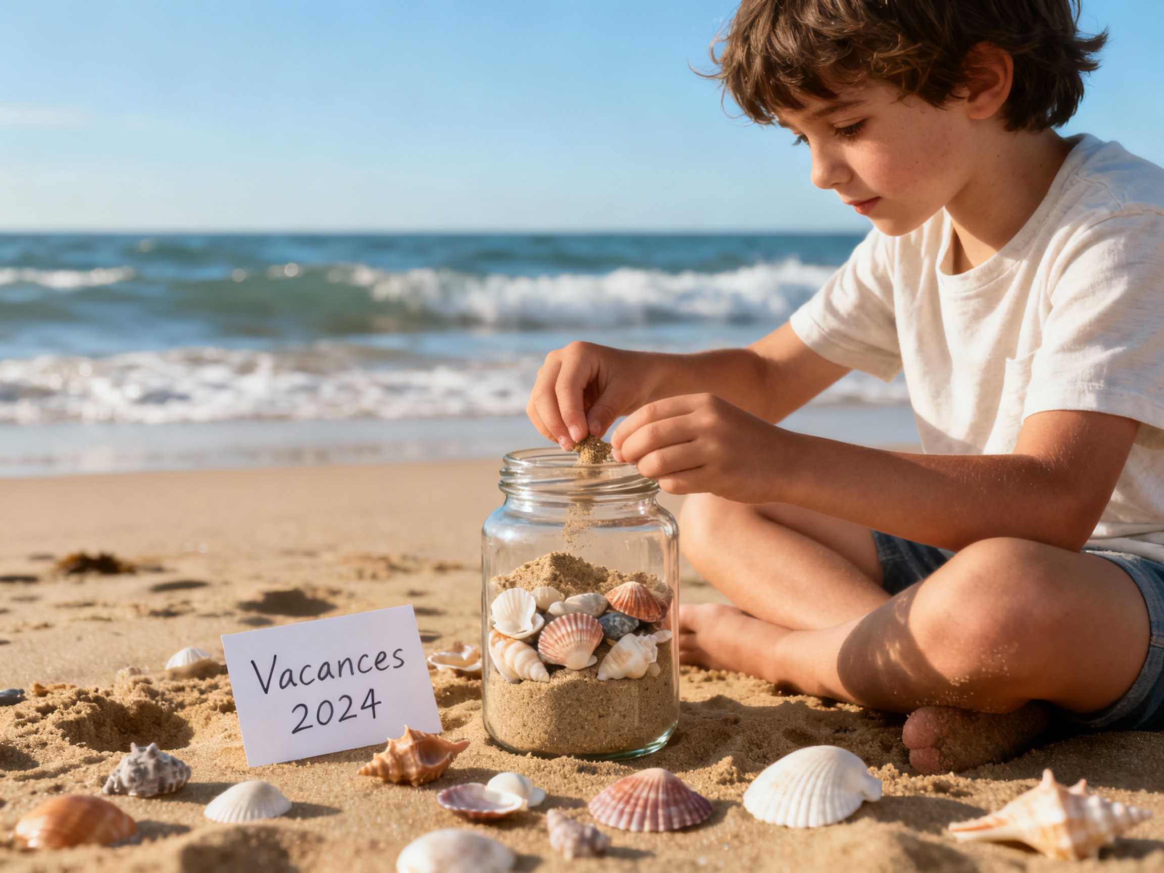 Enfant assis sur le sable qui remplit un bocal avec sable et coquillages, panneau Vacances 2024