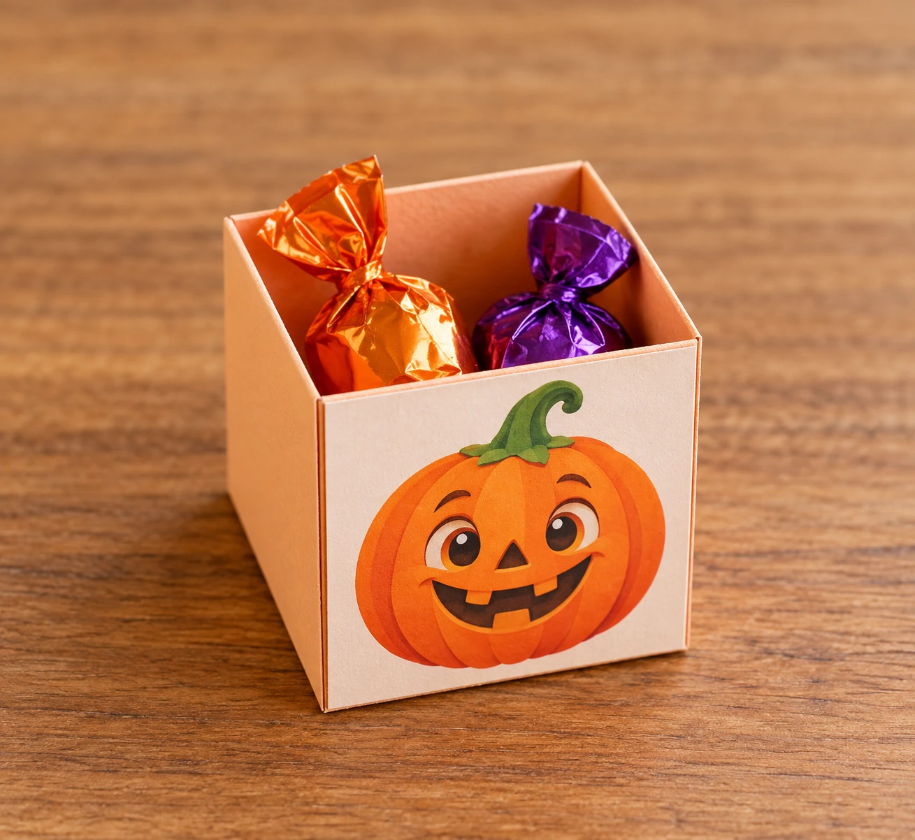Petite boîte citrouille orange assemblée et remplie de friandises emballées