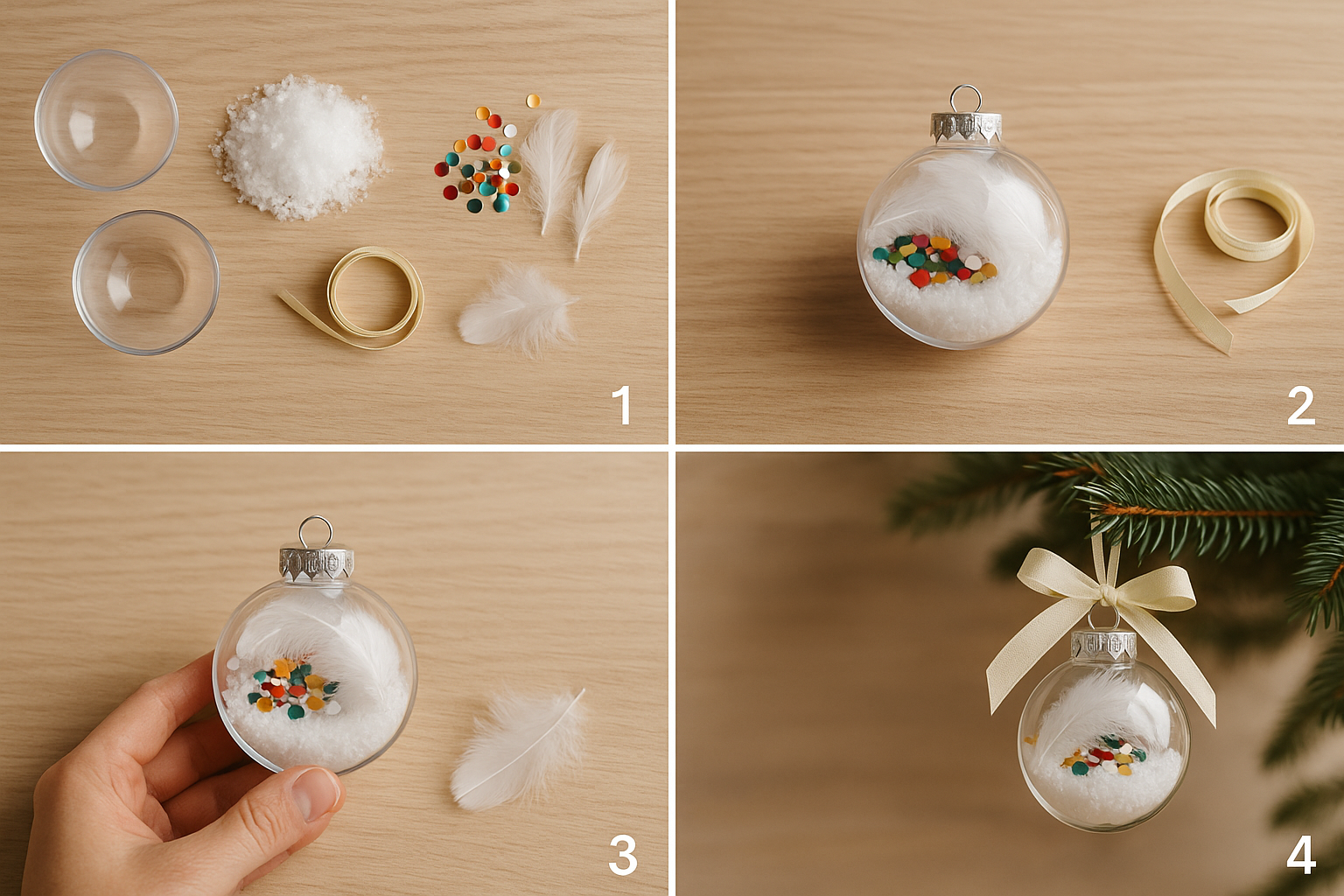 Boule transparente à garnir avec confettis, neige et plumes - pas à pas
