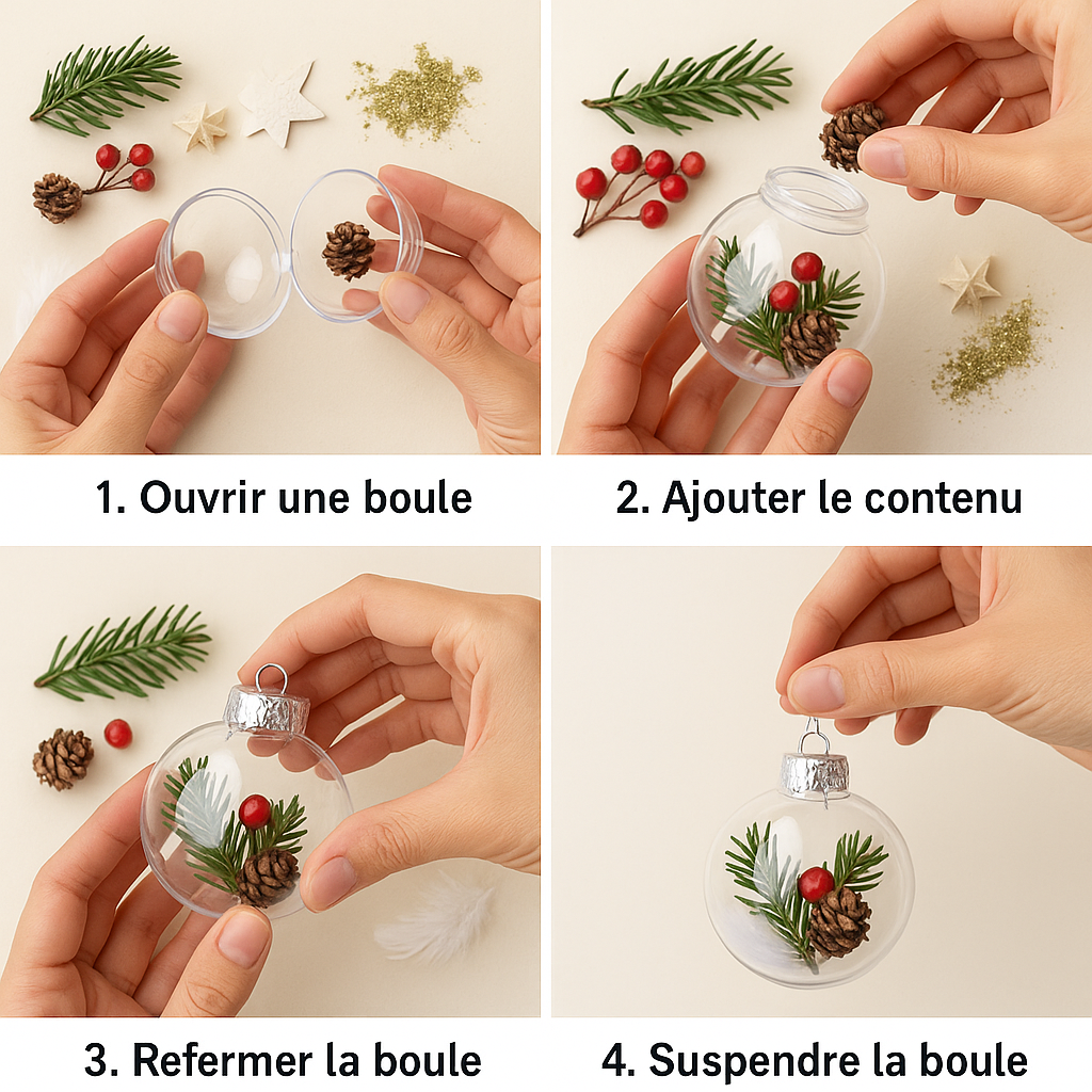 Boules de Noël transparentes remplies par des enfants – tutoriel en 4 étapes