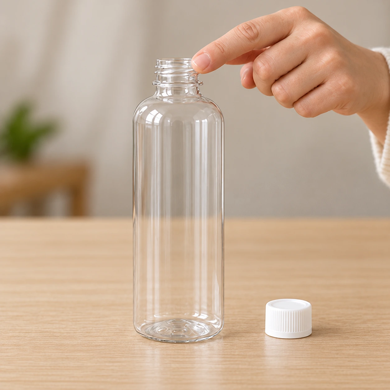 Bouteille plastique transparente rincée et contrôlée avant la potion