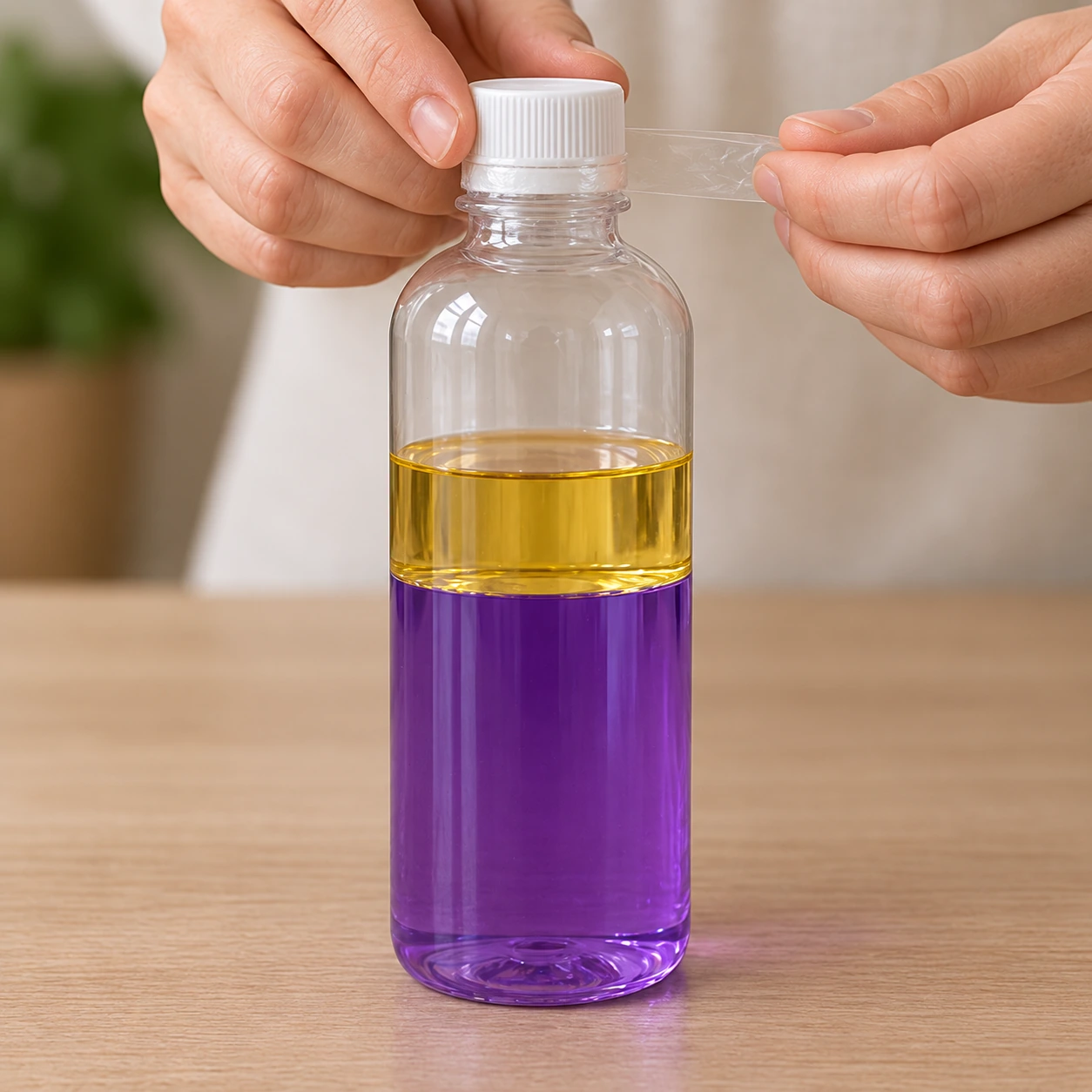 Bouchon fermé et sécurisé sur la bouteille à deux couches