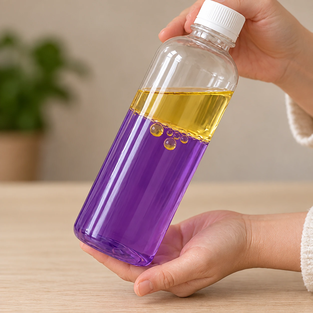 Potion Halloween fermée avec bulles visibles entre huile et eau violette