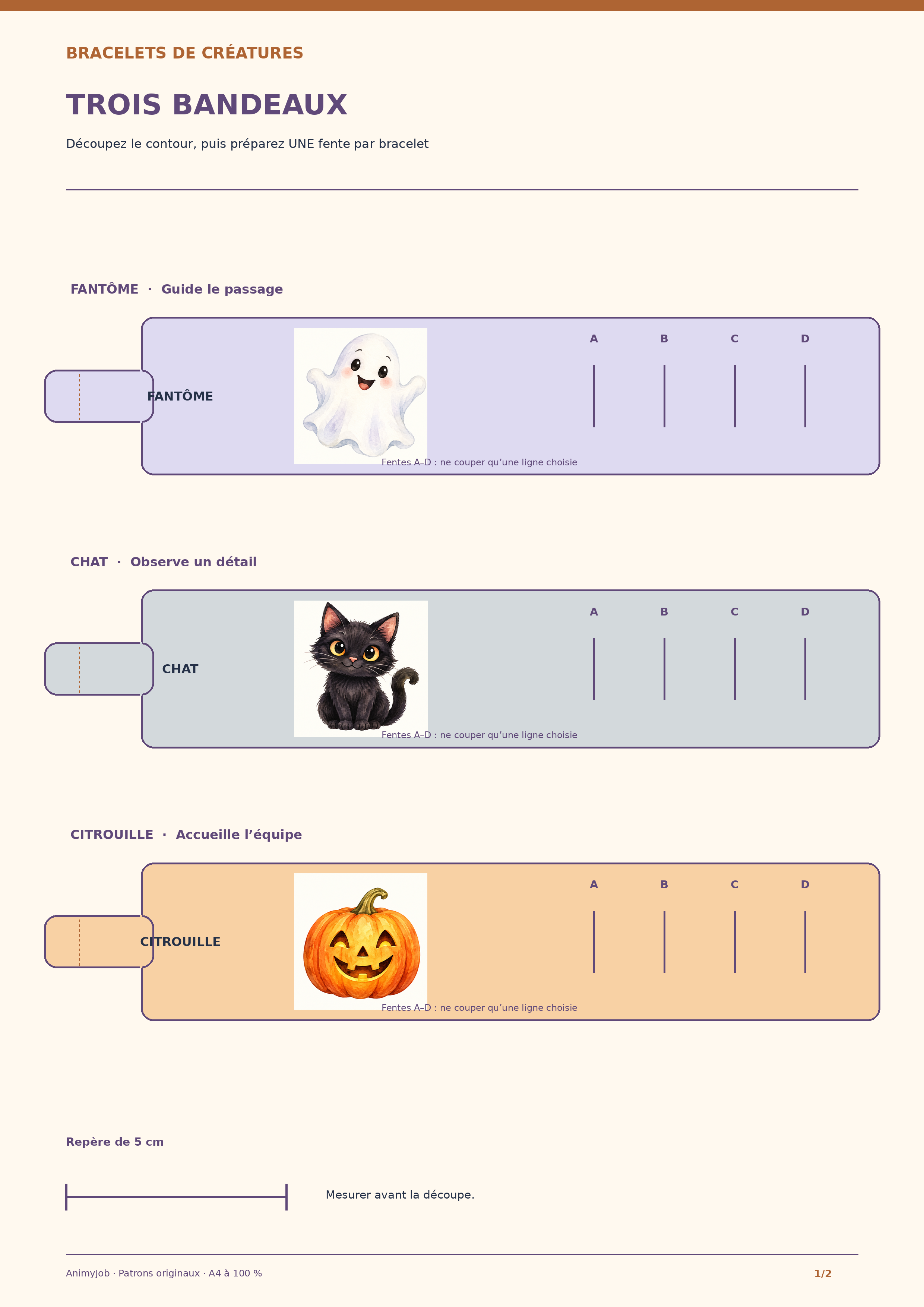 Patrons A4 de trois bracelets Halloween avec languettes, quatre fentes de réglage et témoin de cinq centimètres