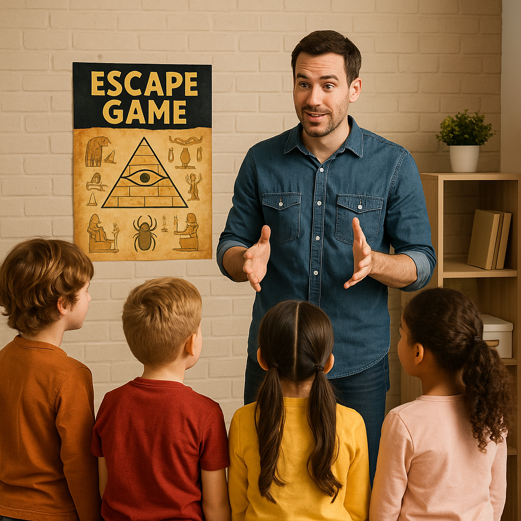 Animateur expliquant les règles d’un escape game à des enfants.