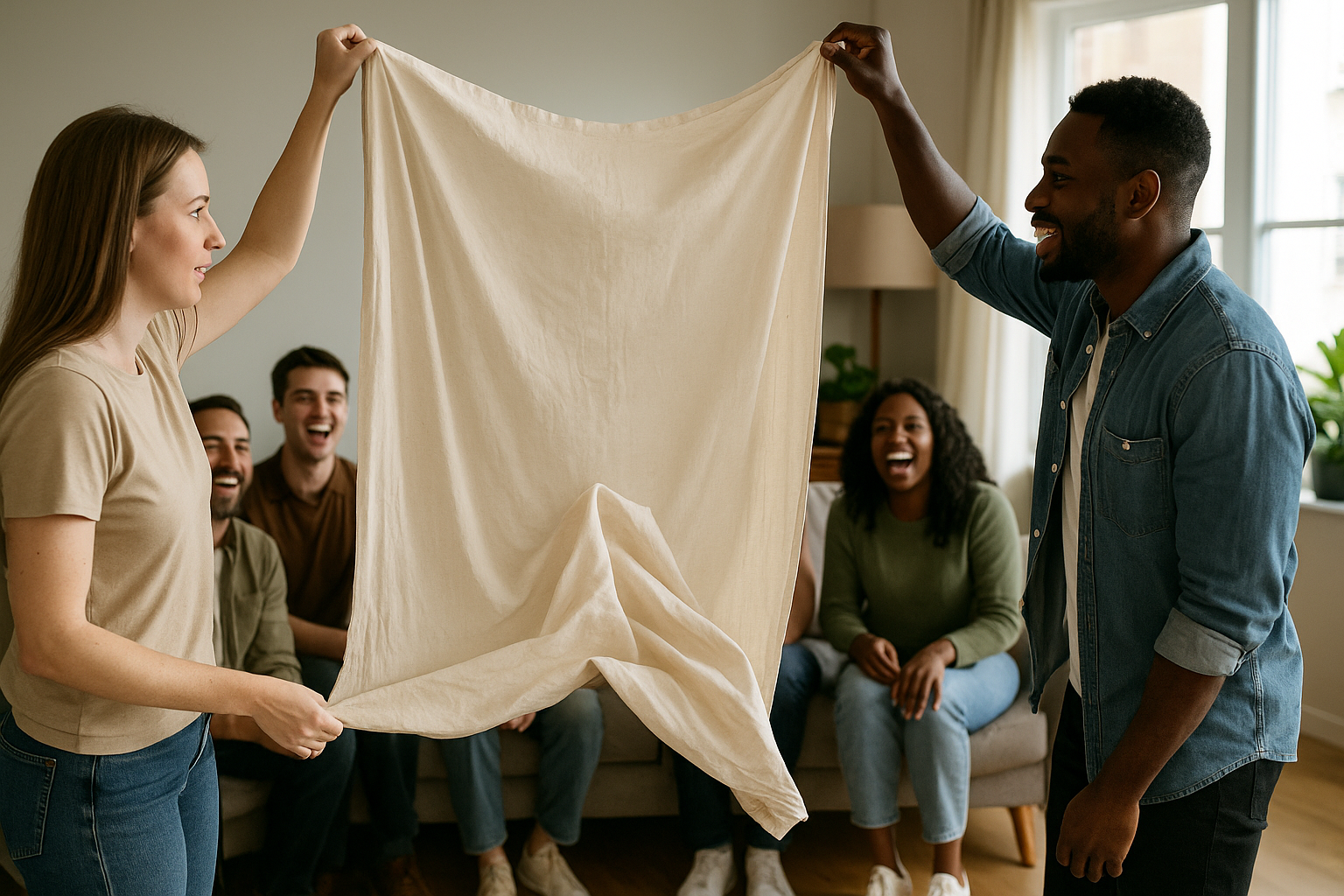 Deux participants tiennent un drap et le laissent tomber pour un duel de prénoms devant un groupe qui rit.