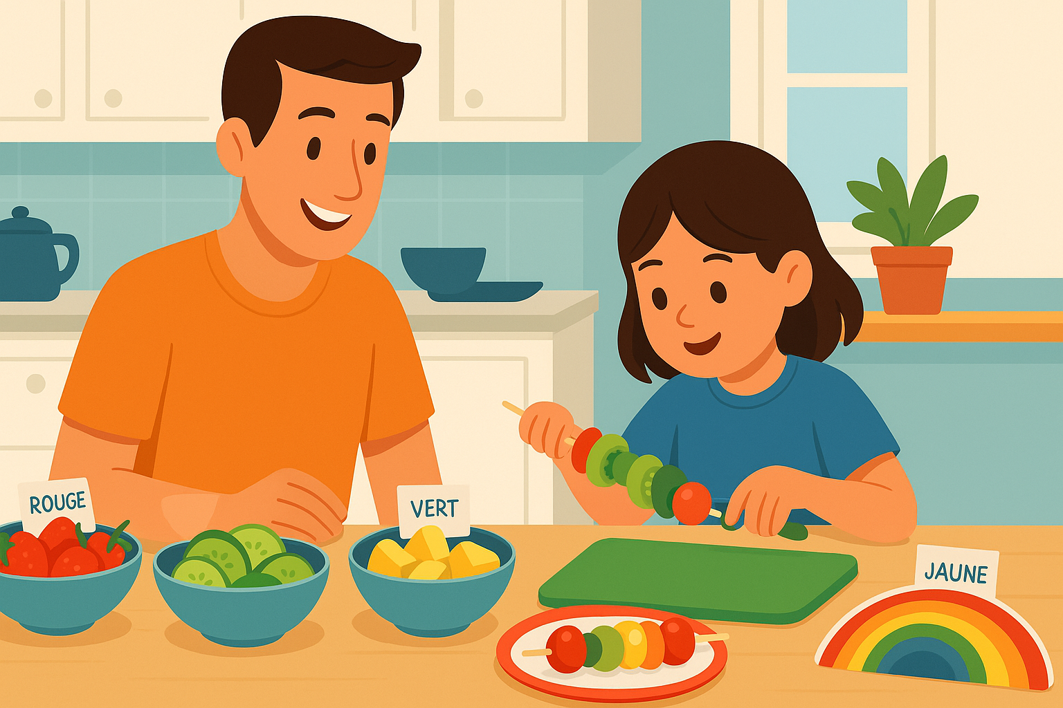Parent et enfant réalisant des brochettes arc-en-ciel de fruits et légumes