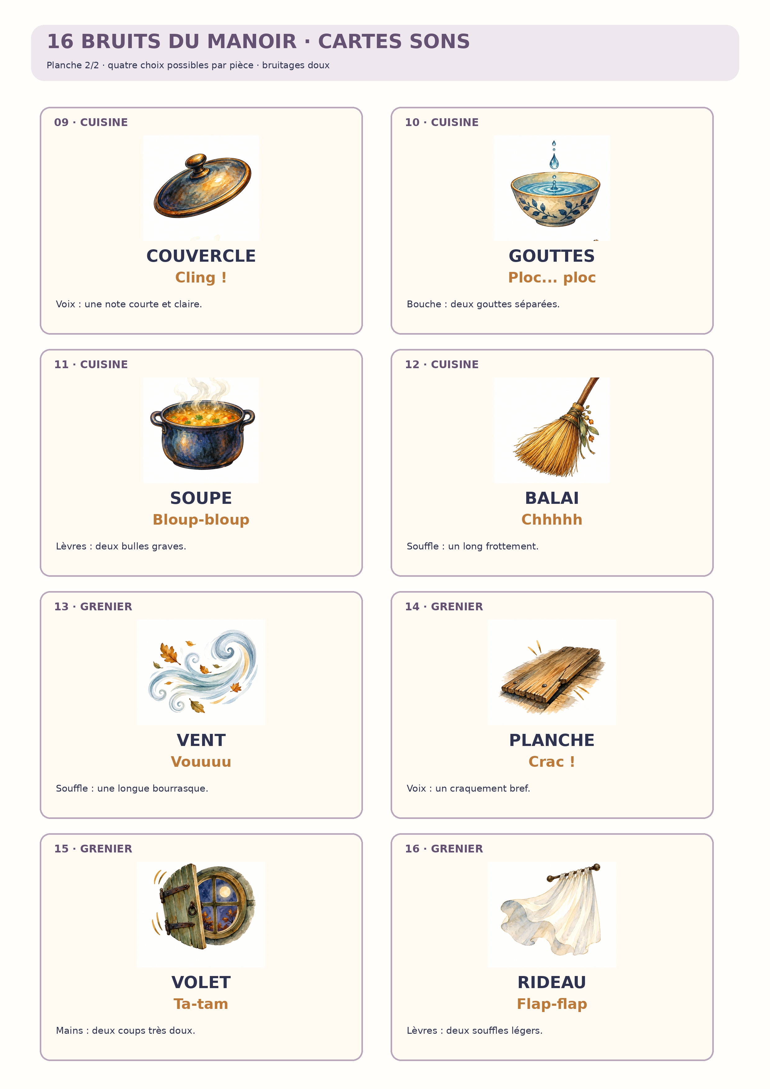 Huit cartes sons illustrées de la cuisine et du grenier du manoir