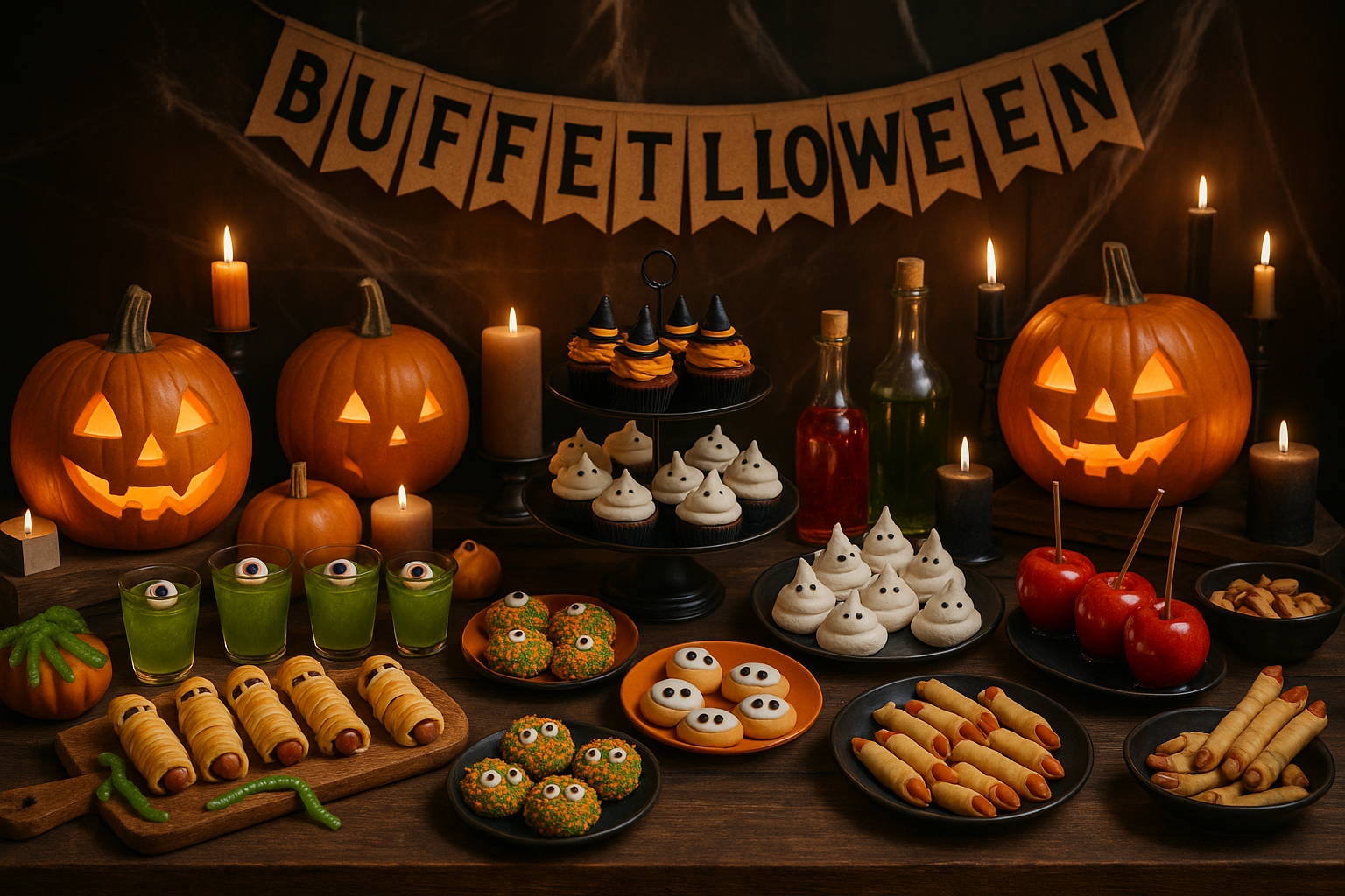 Buffet d’Halloween pour enfants avec portions individuelles et étiquettes allergènes