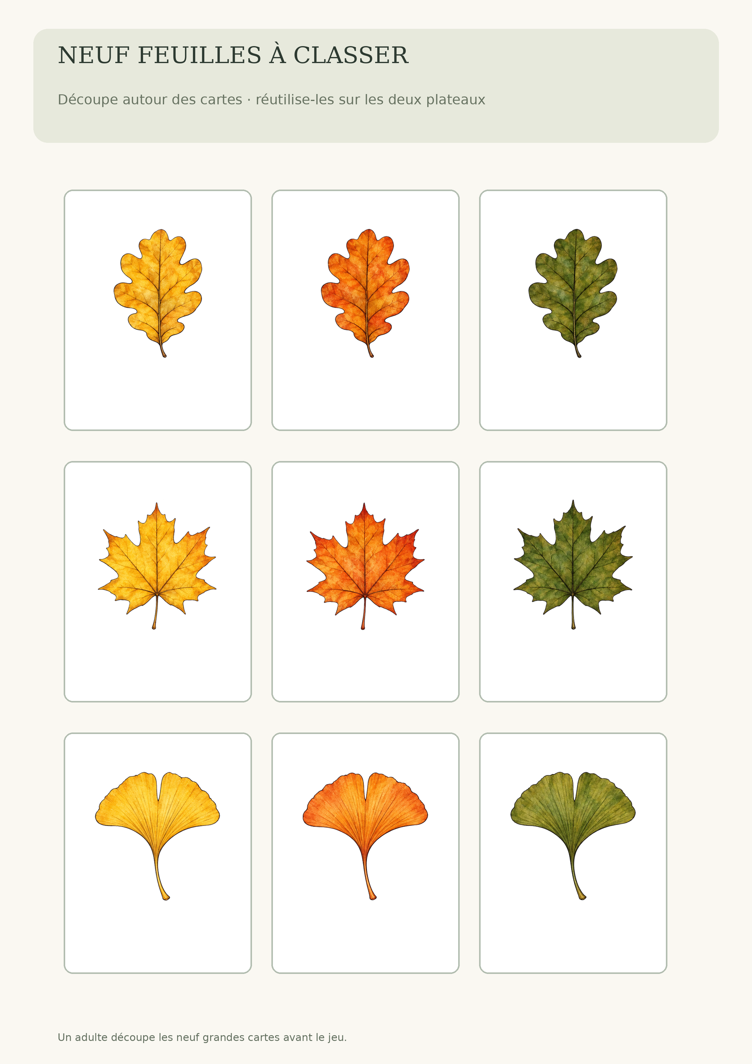 Planche A4 de neuf cartes : feuilles de chêne, érable et ginkgo déclinées en doré, cuivré et vert