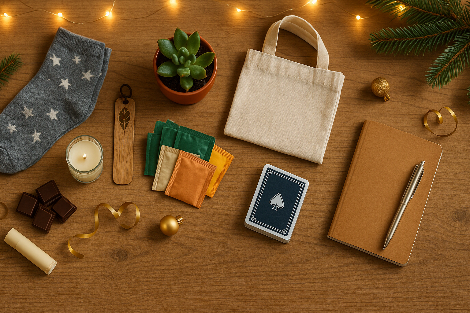 Idées cadeaux de Noël à moins de 10 euros en photo réaliste, flat lay chaleureux