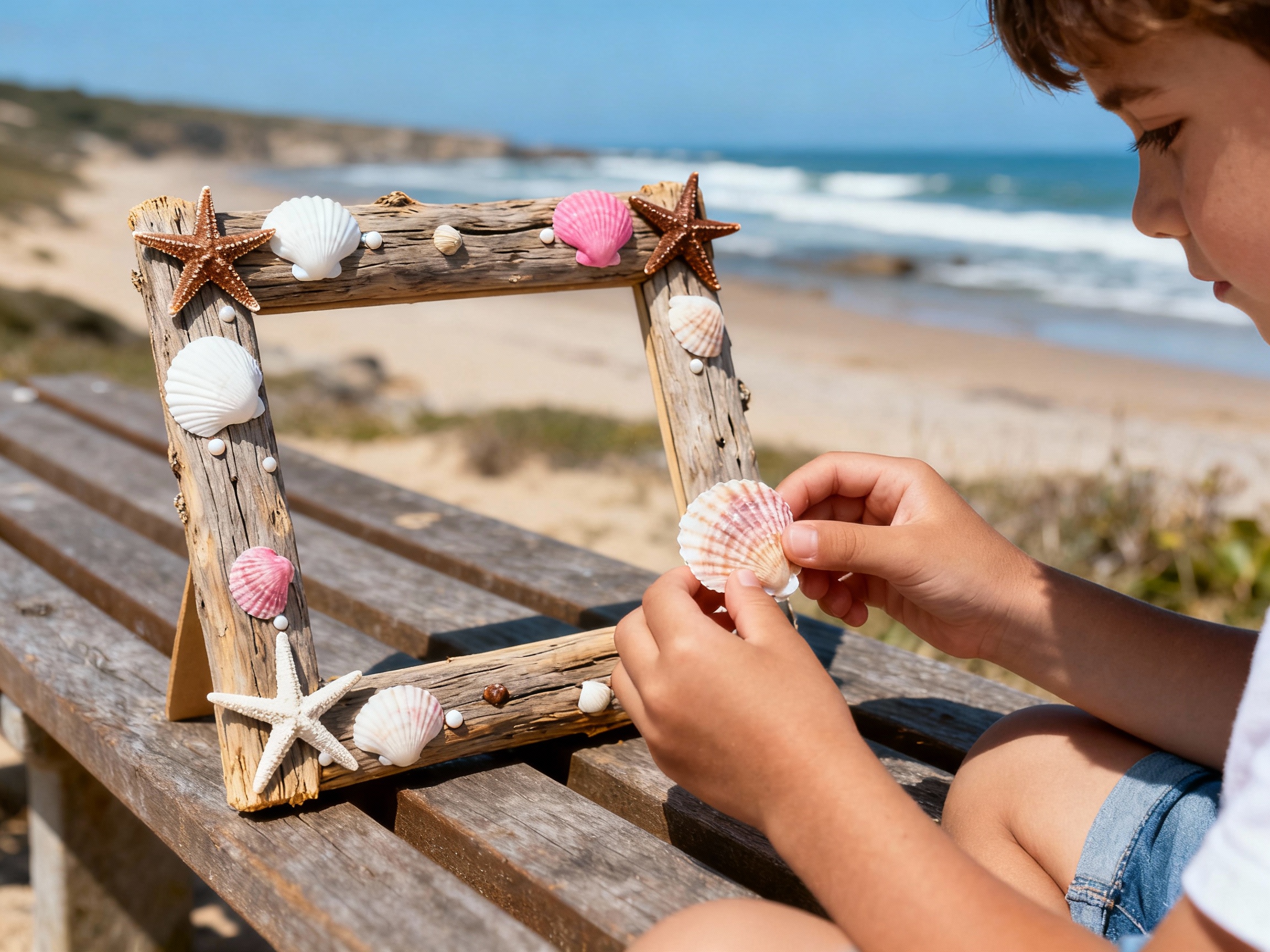 Enfant qui colle des coquillages sur un cadre en bois flotté face à la mer