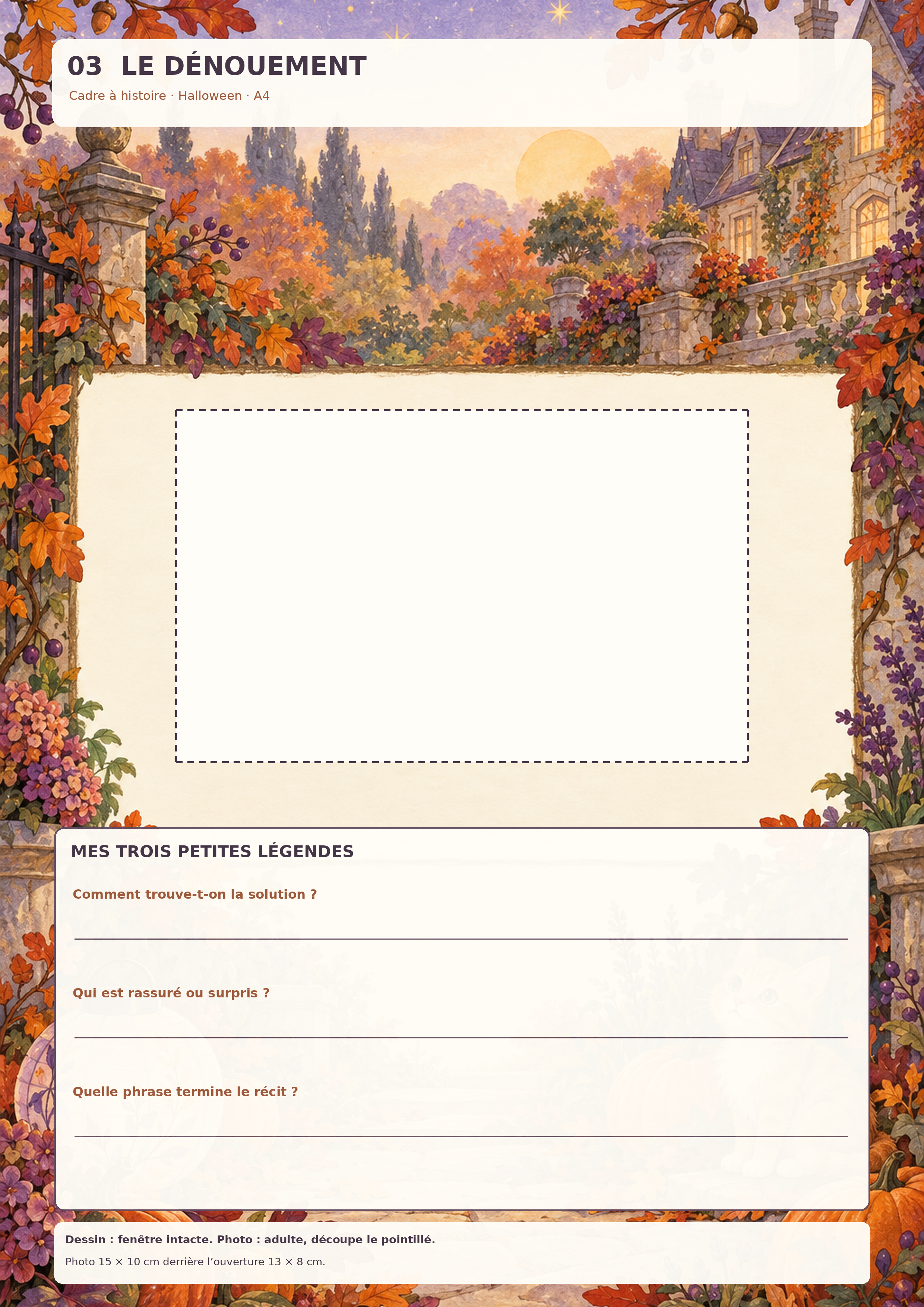 Cadre A4 de jardin d’automne avec espace image et petites légendes de fin