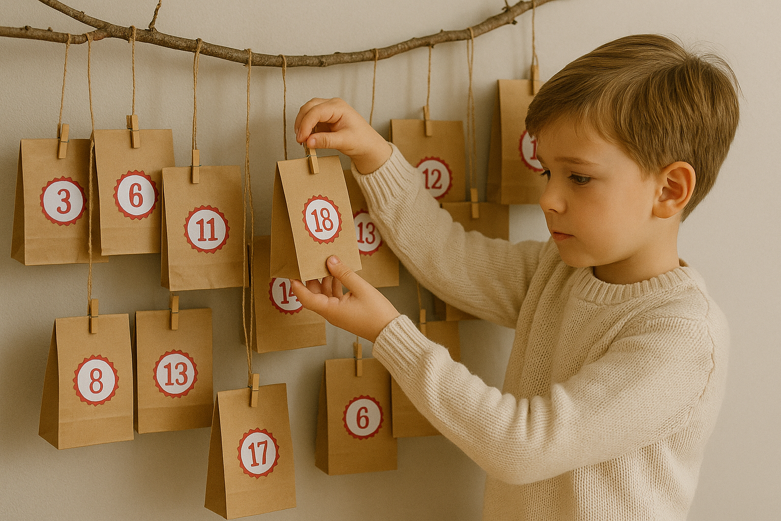 Calendrier de l'Avent fait maison avec pochons kraft suspendus à une branche